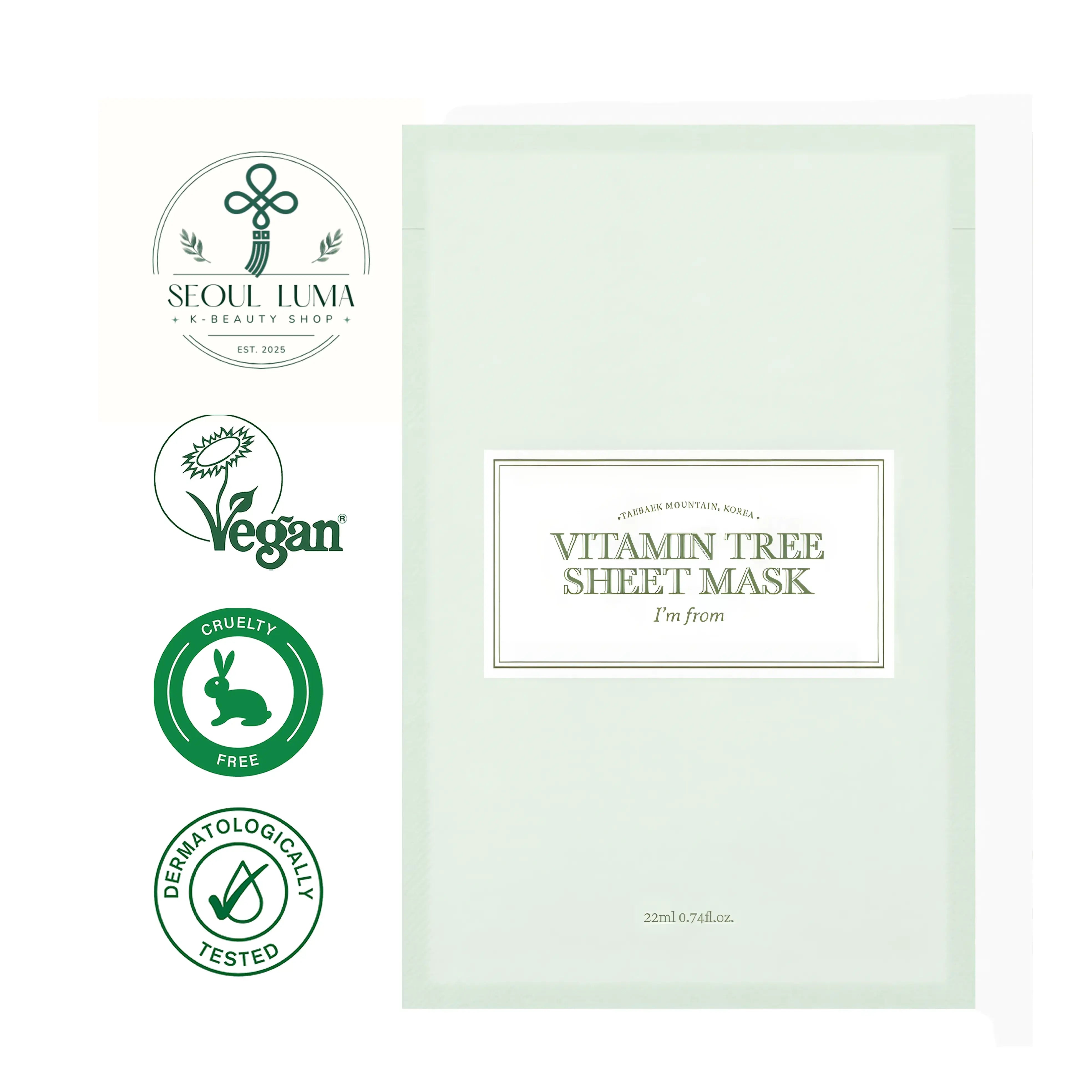 I'm From Vitamin Tree Sheet Mask - brightening sheet mask with 82% vitamin tree leaf water for dull, dehydrated, and uneven skin tone